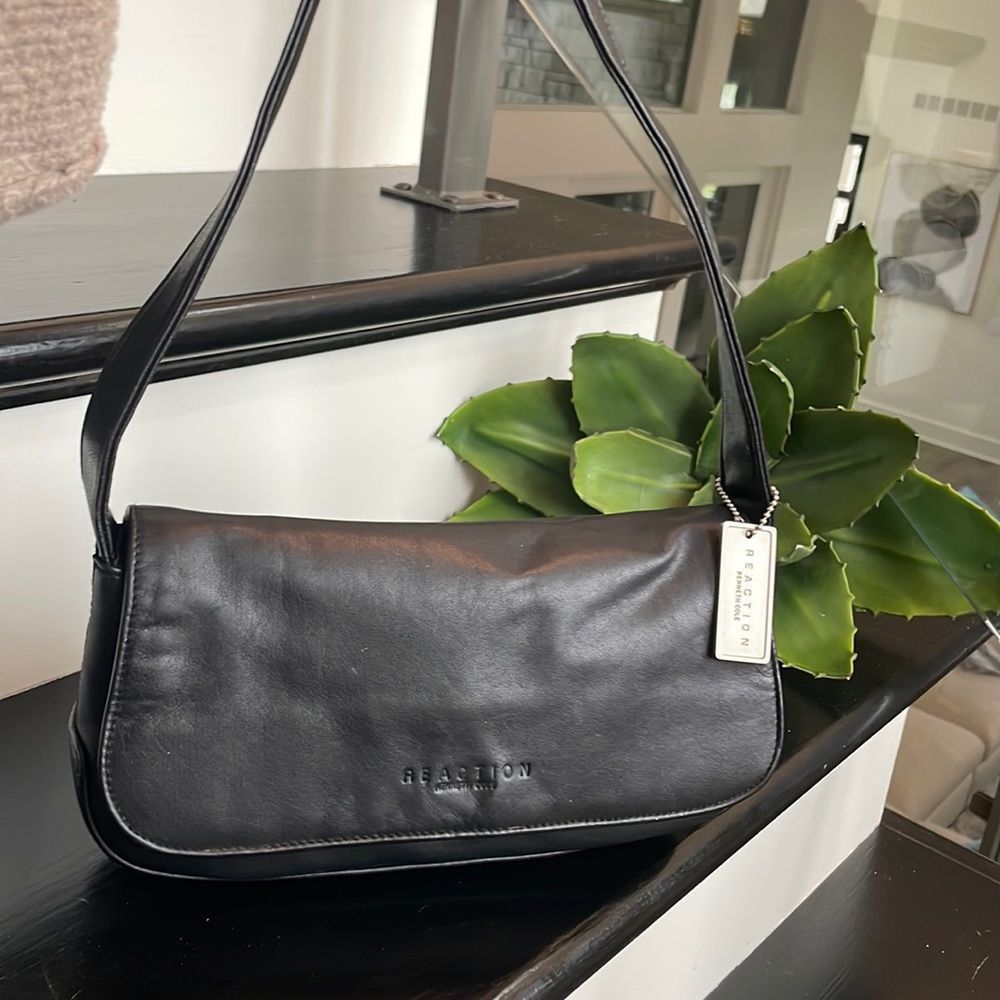 Kenneth Cole, genuine, leather shoulder handbag, purse, black, minimalist